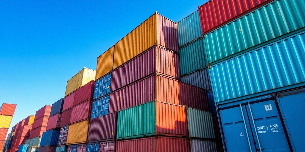 Colorful shipping containers stacked in a Melbourne yard.