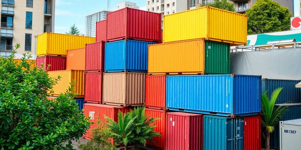 Colorful shipping containers stacked in a Melbourne setting.