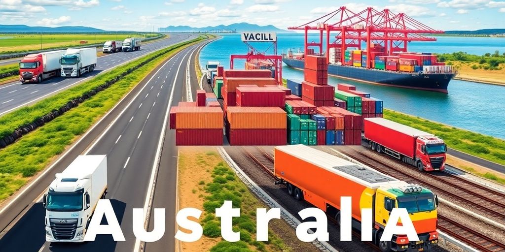 Trucks, trains, and ships depicted in freight transport.