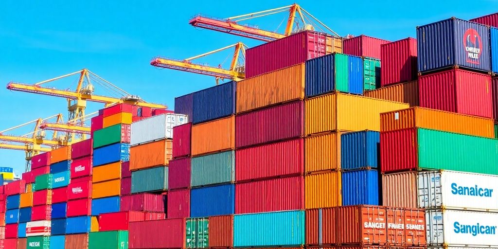 Colorful shipping containers stacked at a bustling port.