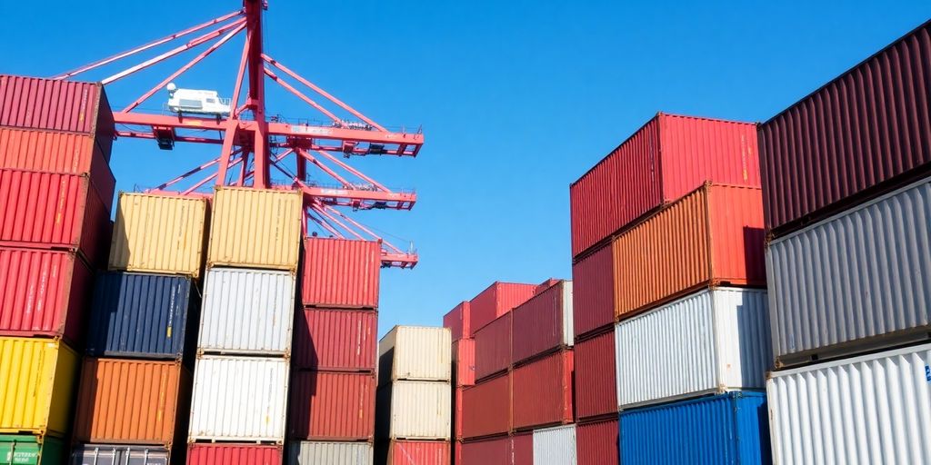 Colorful shipping containers stacked at a busy port.