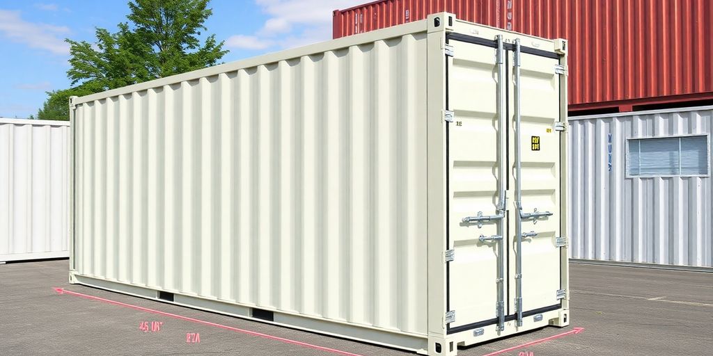 20ft shipping container with clear dimensions in view.