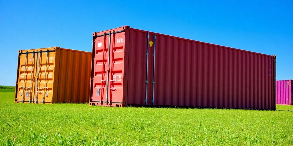 Bright shipping container on green grass under a blue sky.