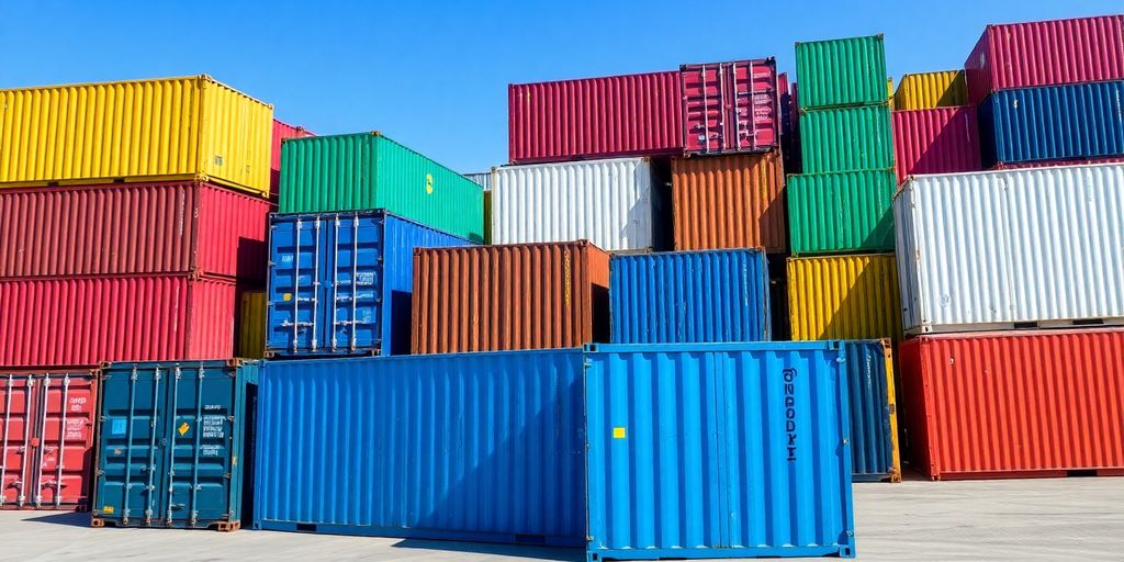 Colourful shipping containers stacked outdoors in sunlight.