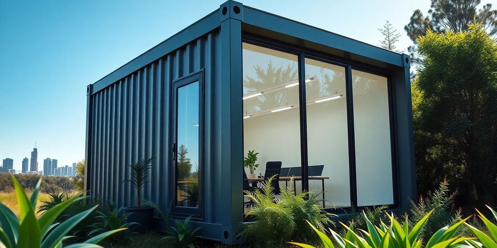 Container office in a lush Australian landscape with skyline.