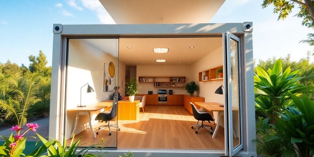 Modern container office with greenery and large windows.
