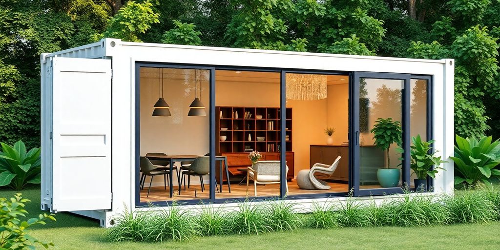 Stylish container office surrounded by greenery and bright sunlight.