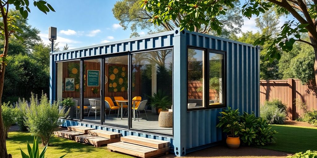 Modern container office surrounded by greenery in Australia.