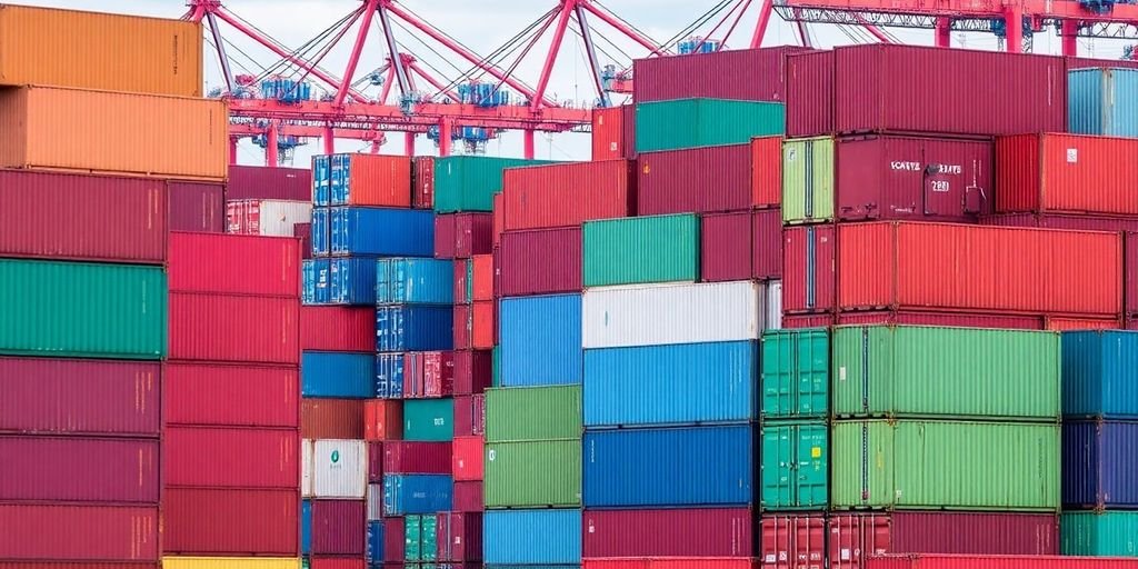 Colorful shipping containers at a busy port.