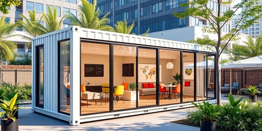 Modern office container with large windows in urban setting.