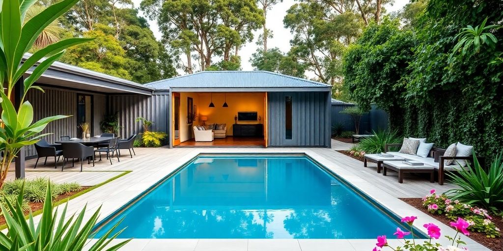 Modern shipping container pool in a lush Australian backyard.