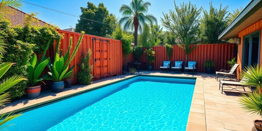 Colorful shipping container pool in a sunny backyard.