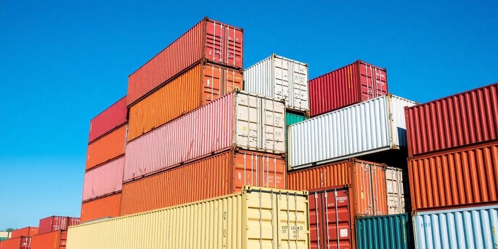 Colourful shipping containers of different sizes outdoors.