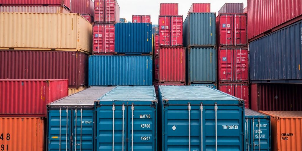 Different types of shipping containers in a yard.