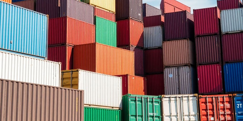 Colourful shipping containers stacked at a busy port.