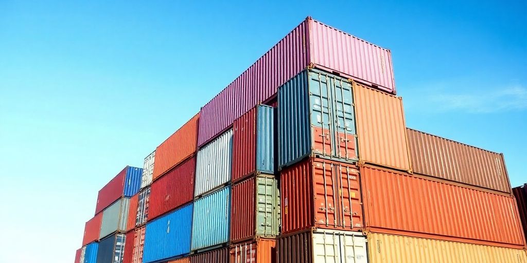 Stacked shipping containers in various sizes against blue sky.