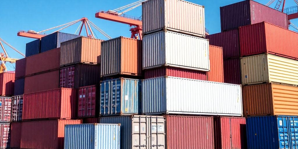 Different heights of shipping containers in a yard.