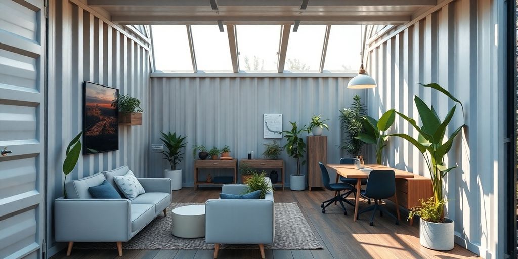 Modern office inside a shipping container with greenery.