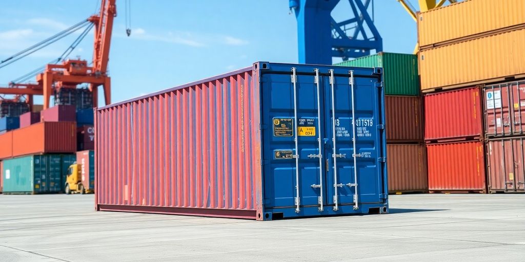 20 foot shipping container at a busy port in Australia.