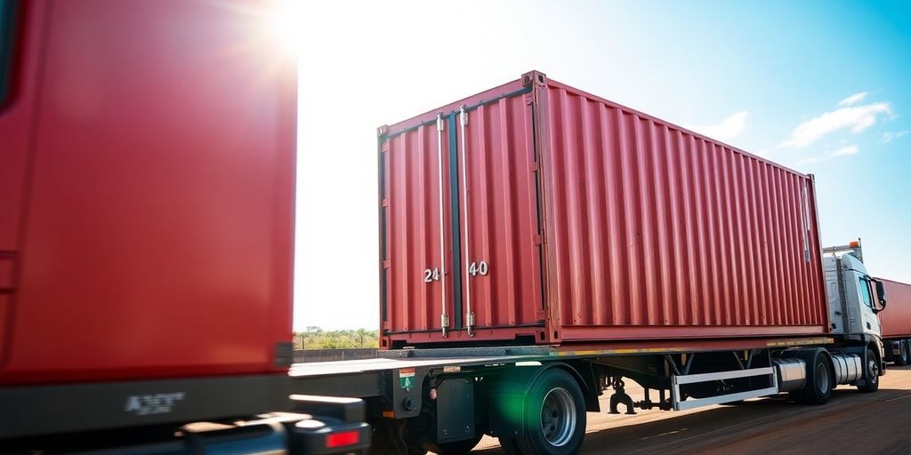 A 20 foot shipping container on a transport truck.