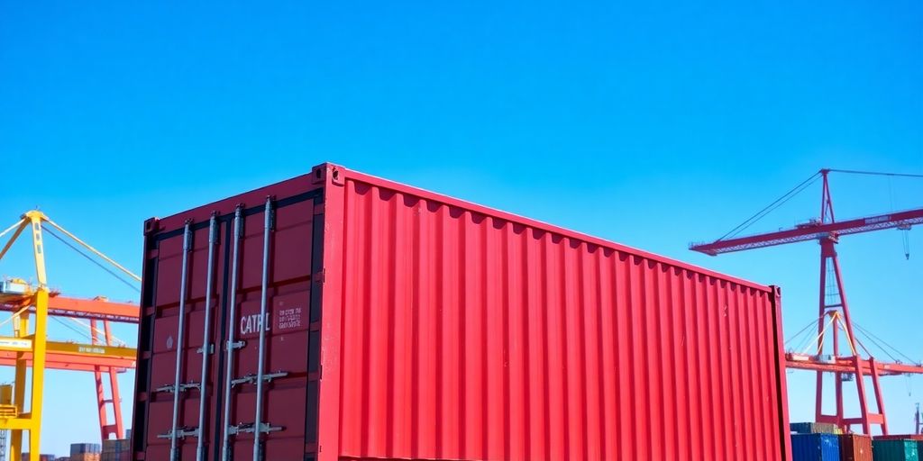 Large shipping container in industrial yard, clear sky.