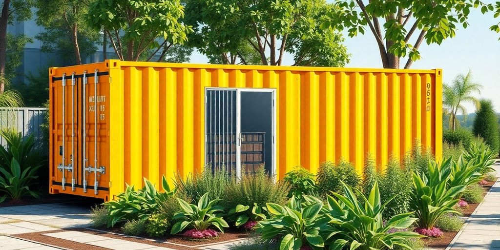 A 40-foot shipping container in a green environment.