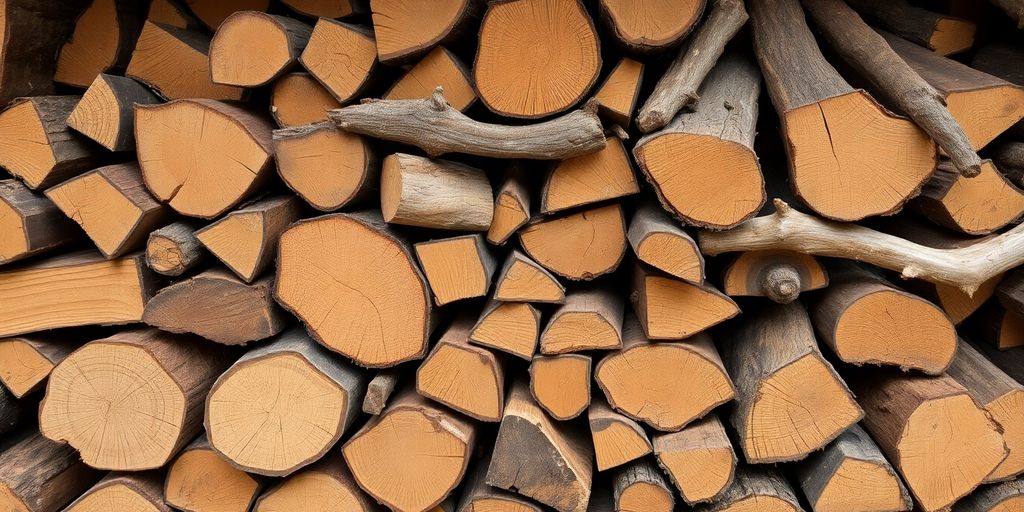 Various types of firewood in a rustic outdoor setting.