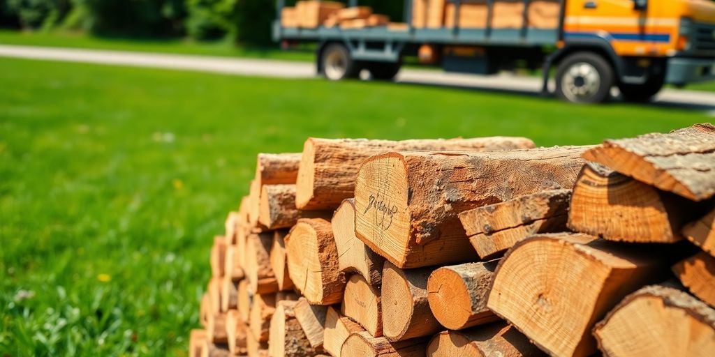 Stacked firewood with a delivery truck in background.