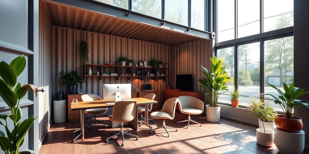 Modern office setup inside a shipping container.