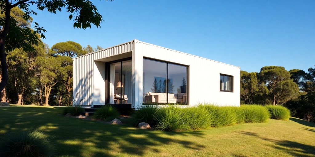 Container modular home in Australian landscape with greenery.