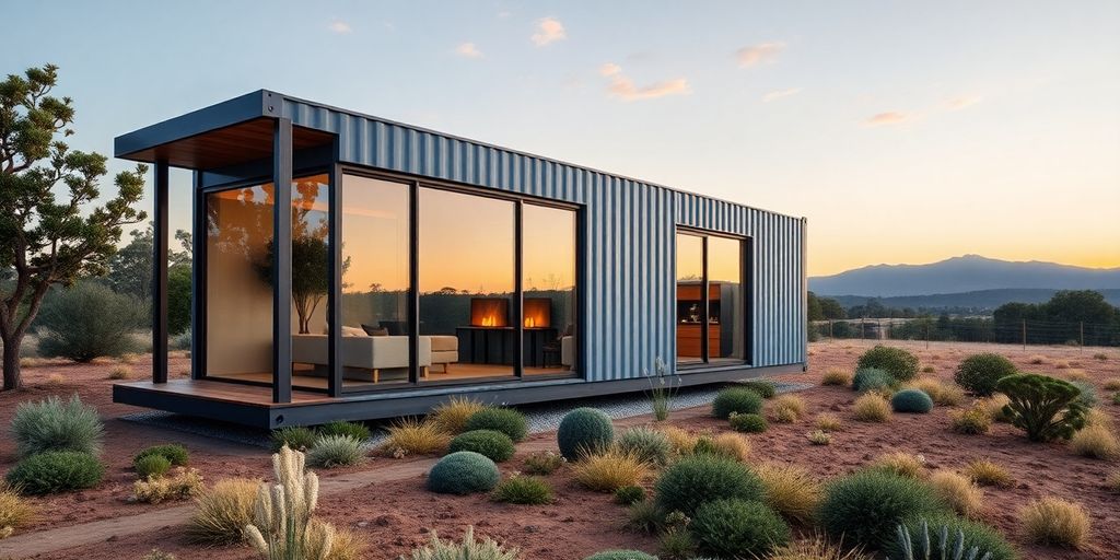 Modern container home in a scenic Australian landscape.