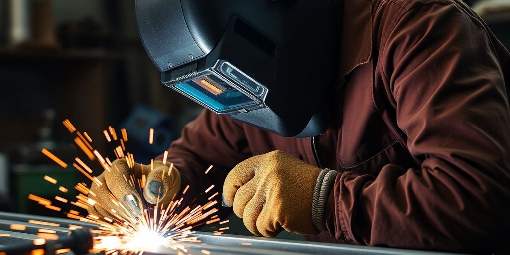 Welder working on metal in a busy workshop.
