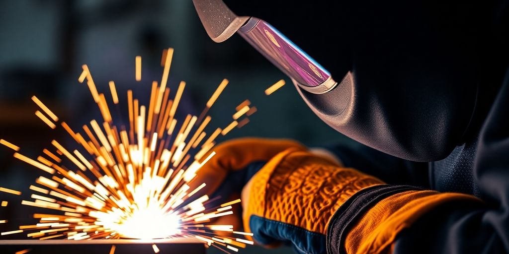 Welder in protective gear working with sparks flying.