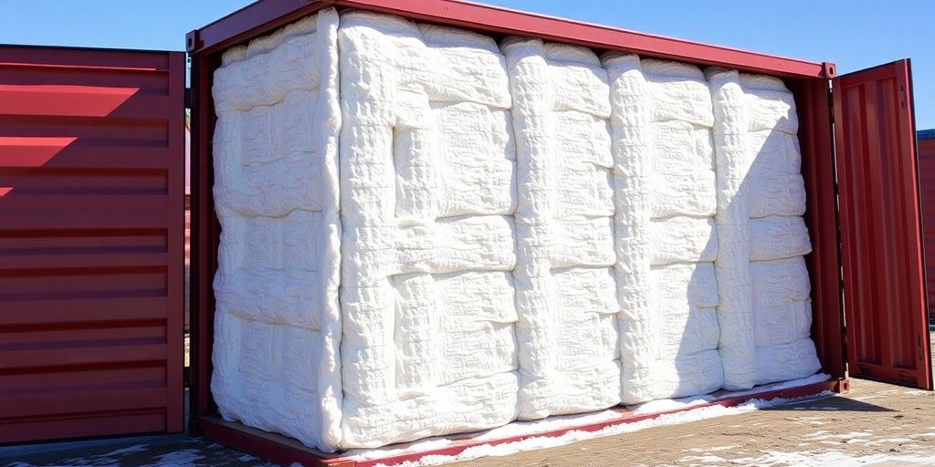 Insulated shipping container in outdoor setting for climate control.
