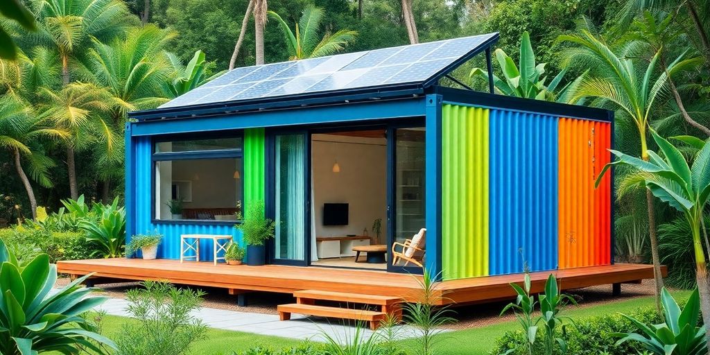 Modern shipping container home surrounded by green landscape.