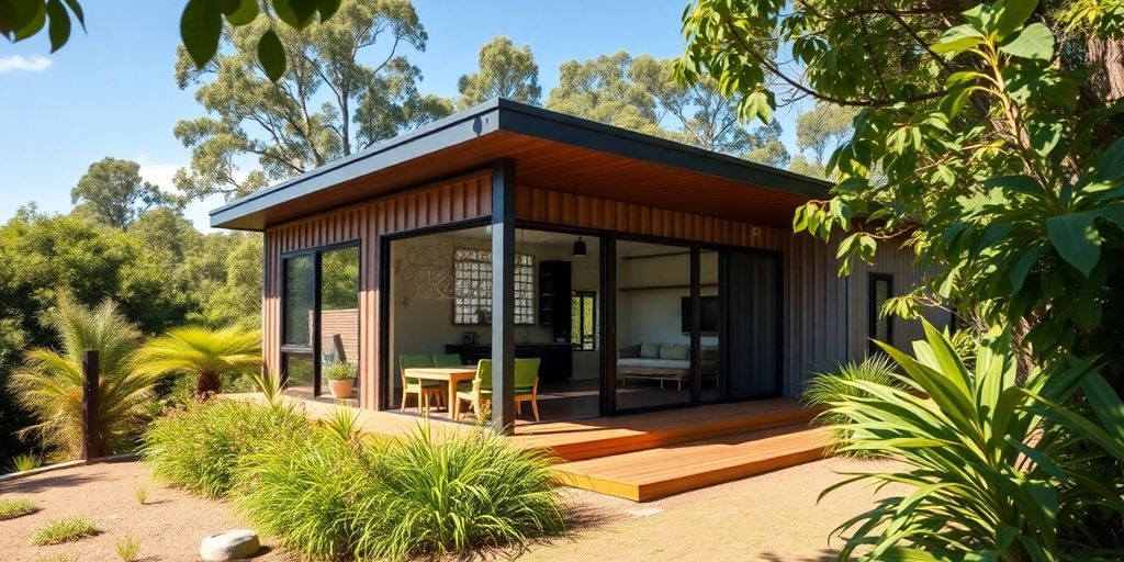 Modern shipping container home in Queensland's greenery.
