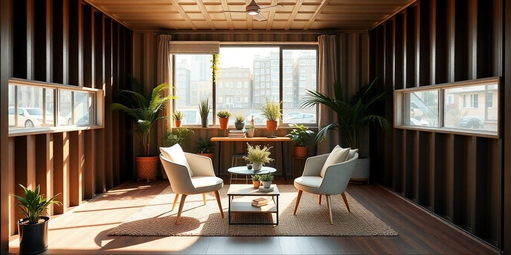 A modern office setup inside a shipping container.