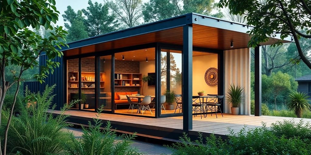Modern shipping container office amidst lush greenery.