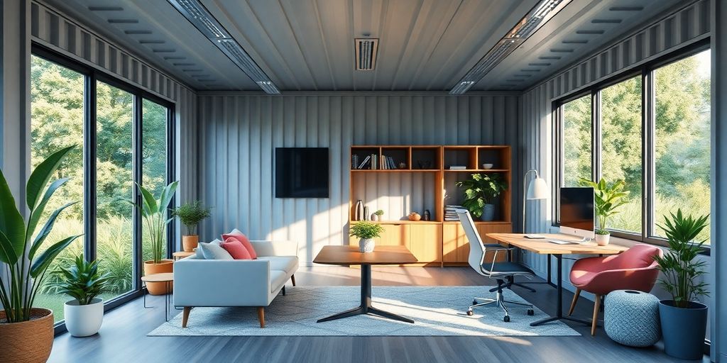 Stylish container office interior with natural light and greenery.