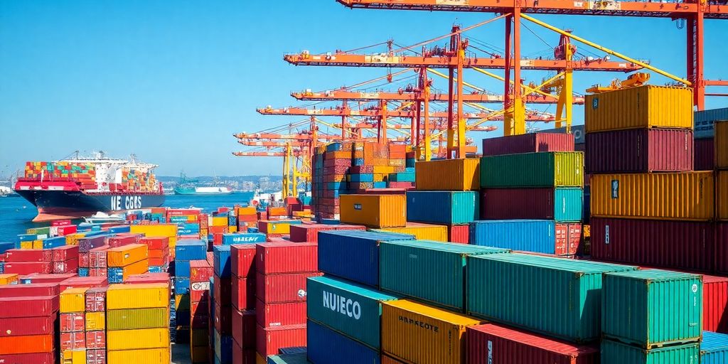Vibrant shipping containers at a busy port.