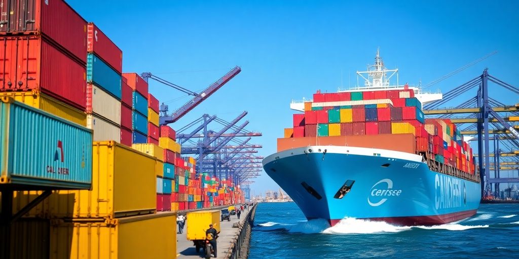 Container ship with stacked containers in busy port.