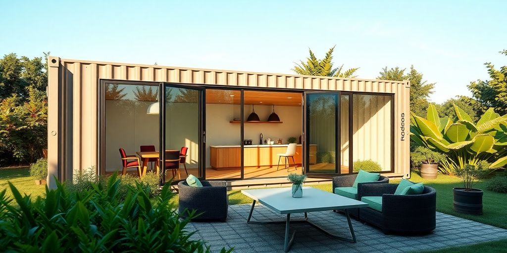 Modern shipping container office in a green outdoor setting.