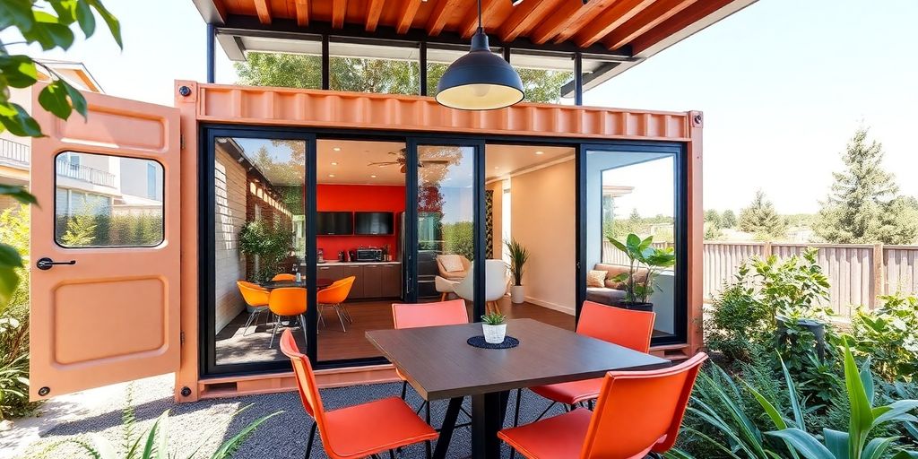 Modern shipping container office amidst greenery and sunlight.