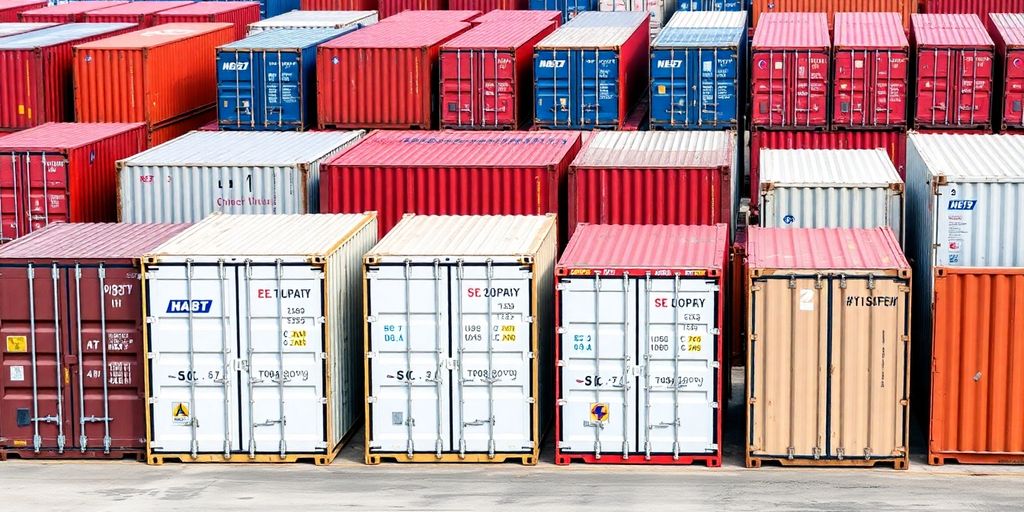 Different sizes of shipping containers in a yard.