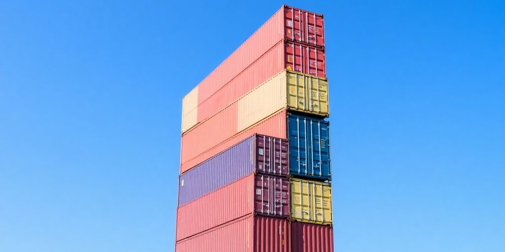 Various shipping containers stacked, showing height differences.