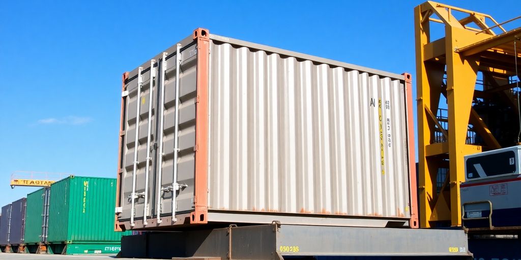 A 20-foot shipping container on a dock in Australia.