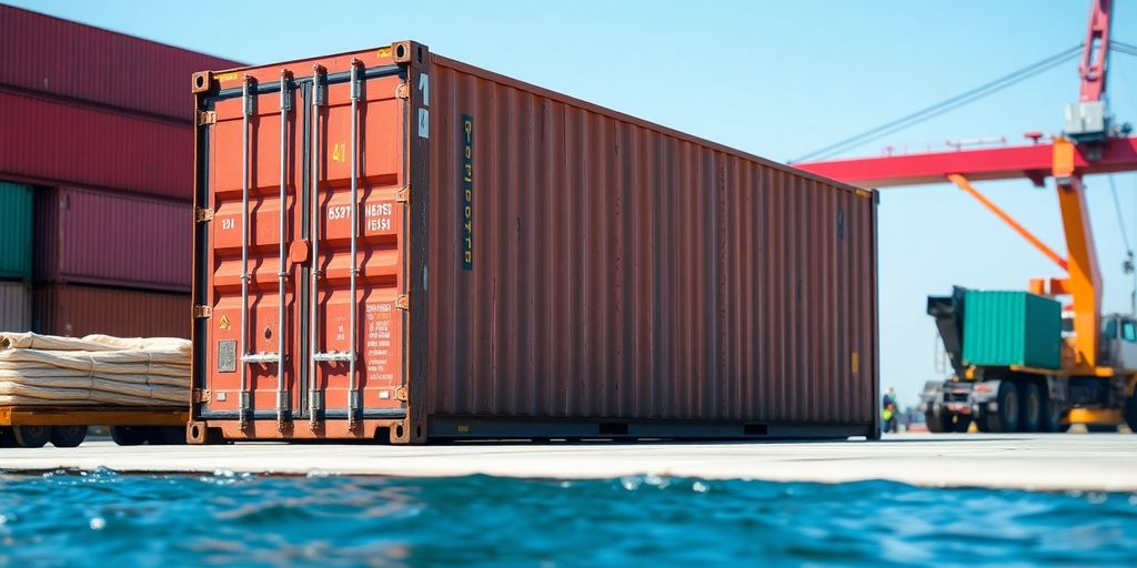 A 40-foot shipping container by the dock.