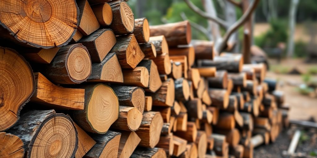 Stacked firewood logs in an Australian bush setting.