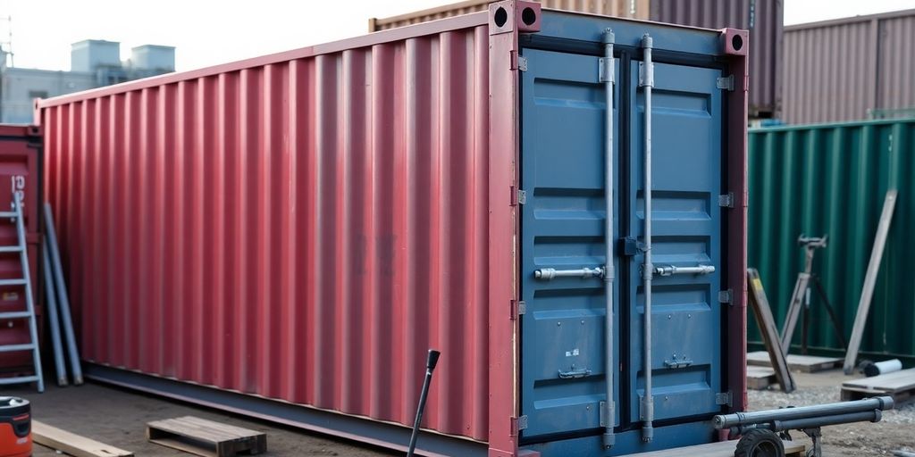 20ft shipping container on construction site background.