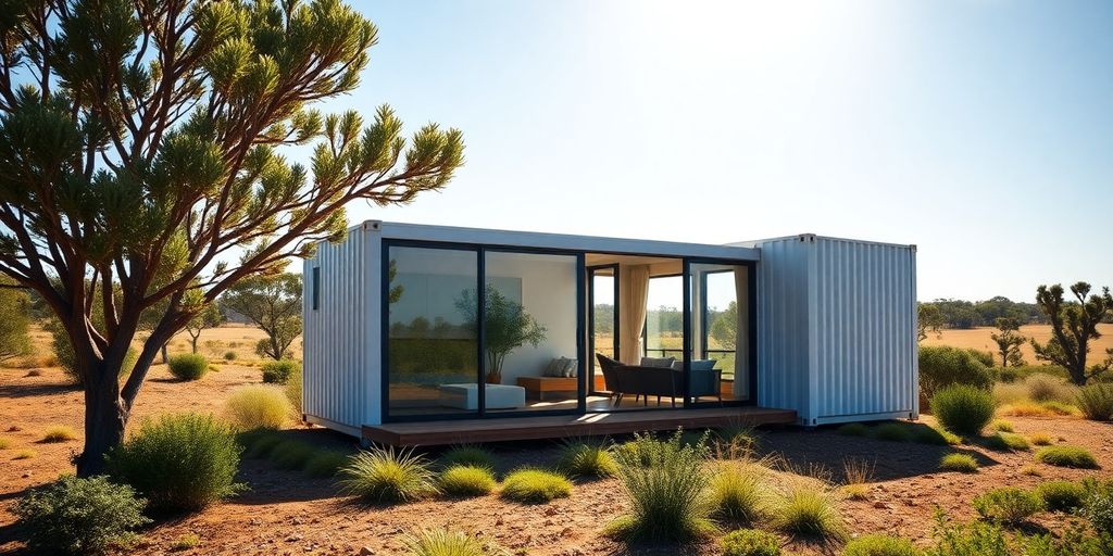 Container modular home in Australia with natural landscape backdrop.